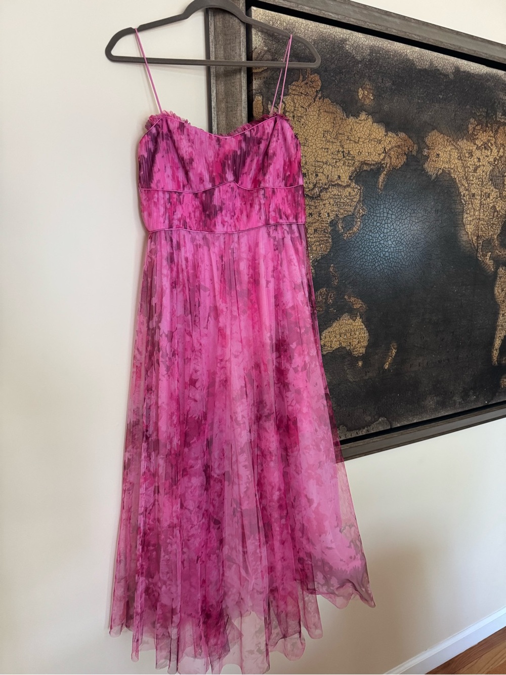 Monique Lhiullier Pink Watercolor Maxi Dress with Spaghetti Straps